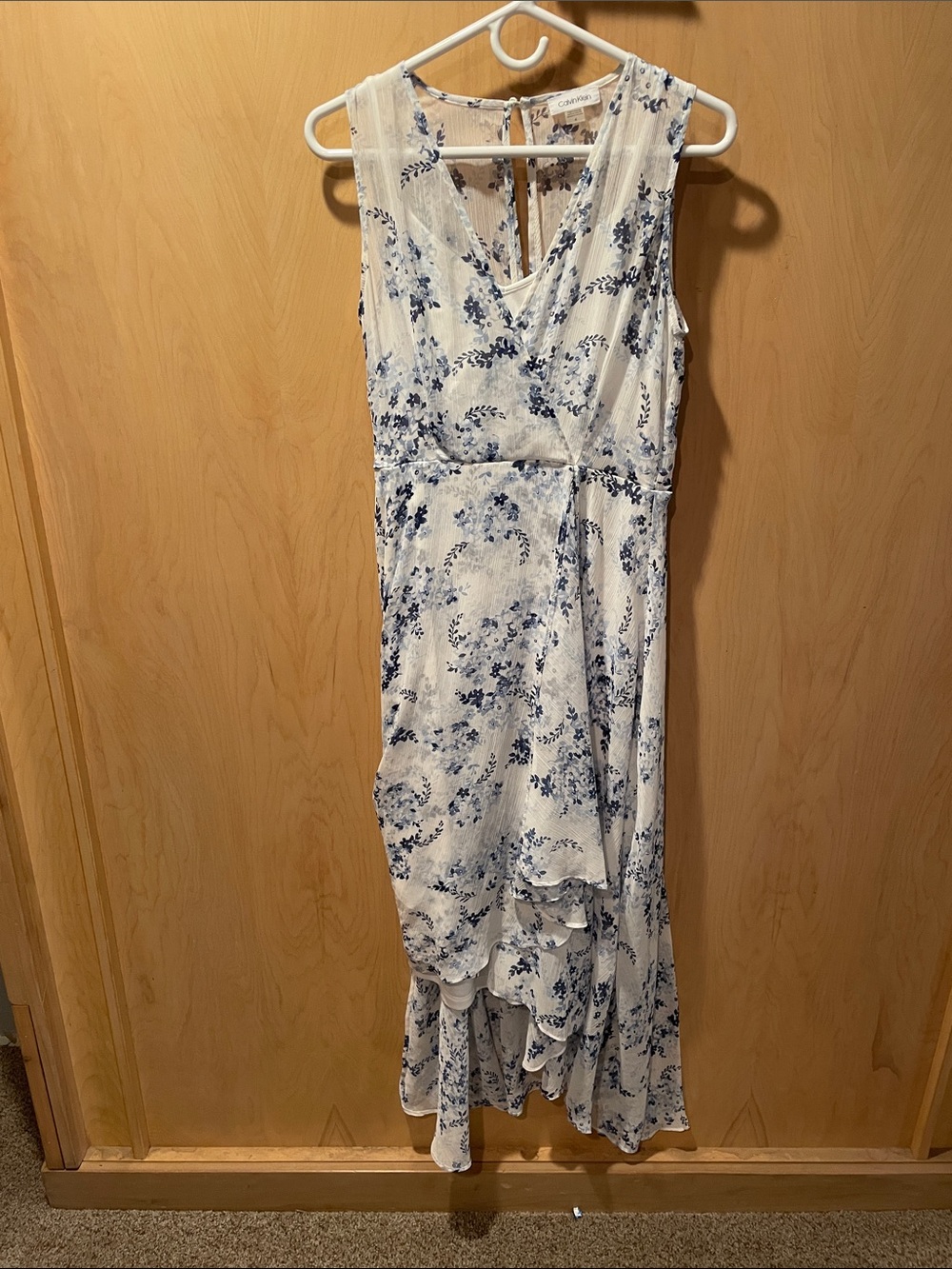 Calvin Klein White and Blue Floral High-Low Dress